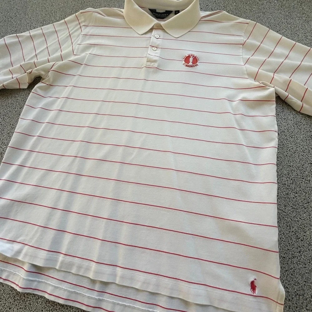 VTG Polo Golf Shirt Mens XL White Striped The Open 2005 St Andrews Preppy